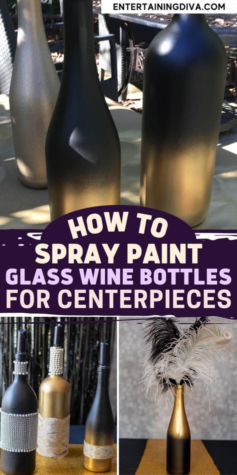 How To Spray Paint Glass Wine Bottles Black And Gold (For Centerpieces) How To Paint Bottles Diy, Gold Wine Bottles, Gold Glitter Spray Paint, Decorating Vases, Spray Painted Wine Bottles, Chic Centerpieces, Matte Black Spray Paint, How To Spray Paint, Glitter Spray Paint