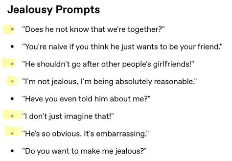 Jealousy Dialogue, How To Write Jealousy, Writing Jealousy, Jealousy Writing Prompts, Funny Prompts Dialogue, Jealous Prompts, Jealousy Prompts, Otp Prompts, Story Writing Prompts