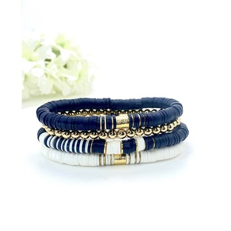 Navy And White Heishi Clay Polymer Beads With 18k Gold Accent Beads. All Three Bracelets Are Included In This Bundle. Stretch Bracelets Measure About 7” Heishi Beads Are Environmentally Friendly Polymer Clay And Extremely Resilient, Lightweight, And Retain Their Vibrant Colors. Each Has 18k Gold Plated Spacers Or Drum Anchor Beads. Thank You For Your Interest!! Free Gift With Purchase. Navy Heishi Bracelet, Masculine Clay Bead Bracelet, Navy Clay Bead Bracelet, Flat Bead Bracelet Patterns, Navy Blue Clay Bead Bracelets, Bracelets Polymer Clay, Beaded Clay Bracelets, Clay Bead Set Ideas, Trendy Bracelets 2024