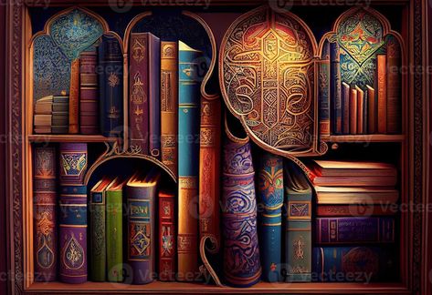 Generative AI illustration of islamic library books, wallpaper, bright, attractive, love for books Books Horizontal Wallpaper, Library Phone Backgrounds, Islamic Library Background, Fantasy Library Wallpaper, Islamic Books Library, Islamic Library, Book Background, Book Wallpaper, Library Books