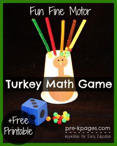 Fine Motor Turkey Math Game + Free Printable. Make learning fun with hands-on games! Develop number sense and fine motor skills with this fun activity for preschool and kindergarten. Turkey Math Games, Turkey Math, Thanksgiving Activities For Kindergarten, Fun Thanksgiving Games, Thanksgiving School, Thanksgiving Math, Thanksgiving Preschool, Fall Preschool, Math Game