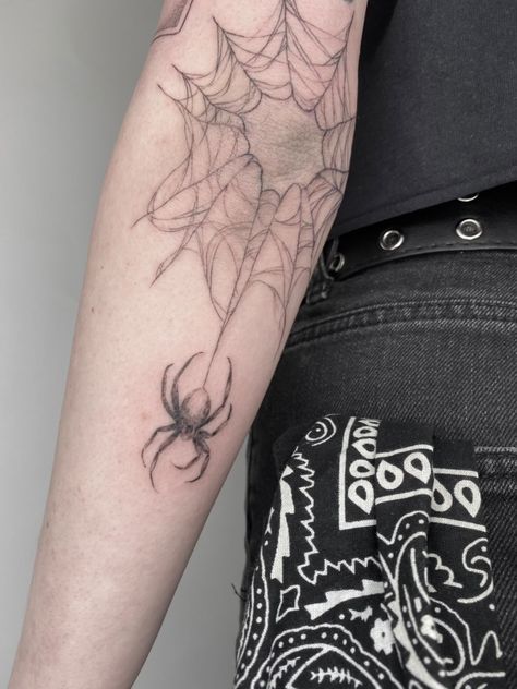 Spider Web Tattoo Design Ideas, Spider Web Forearm Tattoo, Spider Wed On Elbow Tattoo, Elbow Spider Web Tattoo, Spider Hanging From Web Tattoo, Spiderweb Shoulder Tattoo, Spiderweb Tattoo Design, Spider Tattoos For Men, Spiderweb Elbow Tattoo