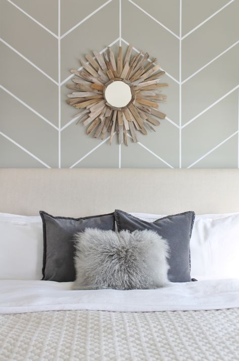 Mini Master Makeover {In Less Than 30 Min} - City Farmhouse Diy Herringbone Wall, Rustic Chic Bedroom, Gray Pillows, Herringbone Wall, Diy Wainscoting, City Farmhouse, Stencil Ideas, Wall Stencil, Diy Headboard