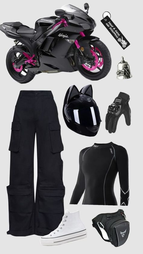 Biker outfit idea x #biker #bike #outfit #fyp #viral Motorcycle Gear For Women Outfits, Dirt Bike Outfits Woman, Motorcyle Woman Outfit, Biker Gear Women, Biker Outfits For Women Motorcycles, Bike Week Outfits, Motor Jacket Outfit, Racer Girl Outfit, Women Motorcycle Outfit