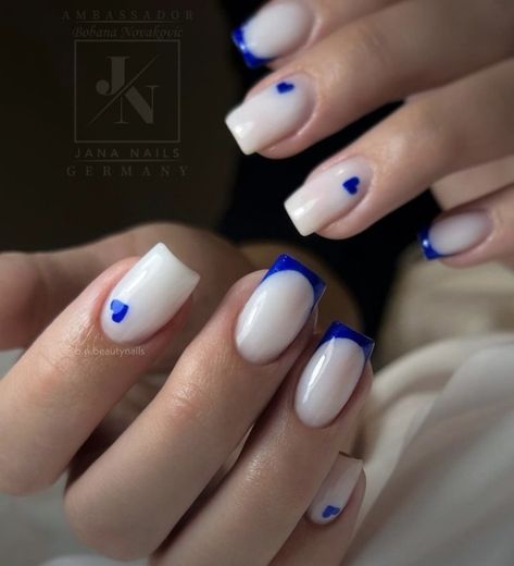 Blue And White Valentines Nails, Milky White Nails With Blue French Tip, French Blue And White Nails, White With Blue French Tip Nails, Milky Heart Nails, Milky And Blue Nails, White Blue French Nails, White Nails With Blue French Tips, White Nails With Blue French