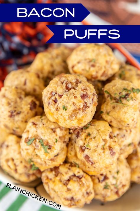 Bacon Puffs - Football Friday Make Ahead Hearty Appetizers, Bacon Puffs Recipe, Bacon Board, Bacon Side Dishes, Party Munchies, Bacon Puffs, Bacon Appetizers, Queso Cheddar, Sausage Balls