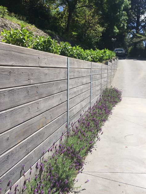 Concrete Sleeper Retaining Walls, Retaining Wall Fence, Sleeper Retaining Wall, Retaining Wall Ideas, Diy Retaining Wall, Concrete Sleepers, Fence Wall Design, Building A Retaining Wall, Garden Retaining Wall