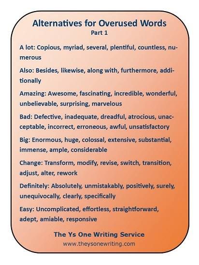 Here are some alternatives for overused words. Words For Story, Resume Verbs, Overused Words, Resume Words, Action Verbs, I Love Books, Writing Services, Love Book, Writing Tips