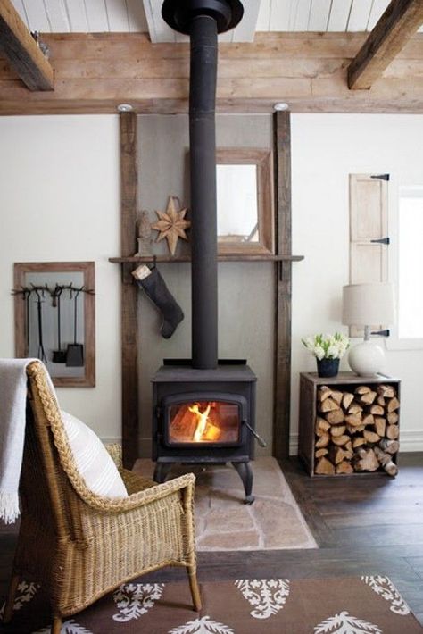 A Crackling Fire: Indoor Firewood Storage Ideas | Home Tree Atlas Wood Stove Surround, Firewood Storage Indoor, Wood Stove Hearth, Wood Burning Stoves Living Room, Wood Stove Fireplace, Warm Home Decor, Freestanding Fireplace, Fireplace Hearth, Trendy Living Rooms