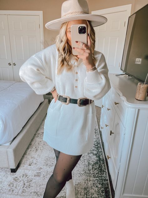 Amazon sweater dress outfit inspo / style tips / style inspo / amazon finds / how to style a sweater dress / white sweater dress / polka dot tights / western belt / affordable fashion / outfit inspo Style A Sweater Dress, Amazon Sweater, Polka Dot Tights, White Sweater Dress, Southern Life, Sweater Dress Outfit, Western Belt, Western Belts, Winter Fits