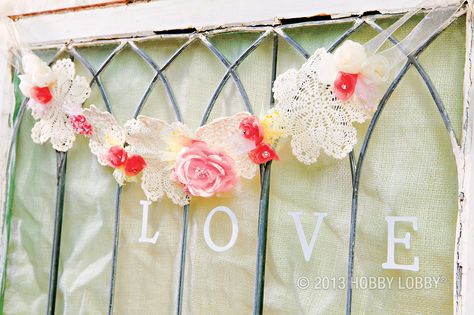 Make a beautiful long-lasting garland with faux flowers and doilies. Hobby Lobby Crafts, Spring Party Decorations, Floral Picks, Spring Party, Bunting Garland, Diy Brides, Creative Memories, Wreath Designs, Diy Wedding Decorations