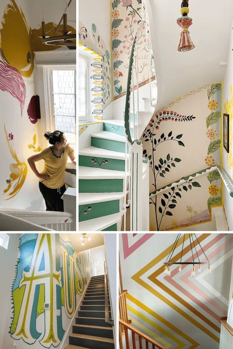 From Boring to Beautiful: 10 Stairwell Decorating Tips Staircase Wall Ideas Paper, Paint For Stairway Walls, Fun Stairwell Ideas, Long Stairway Wall Decor, Brighten Stairwell, Funky Staircase Ideas, Two Tone Staircase Wall, Spiral Staircase Decor Ideas, Stairway Ledge Decorating Ideas