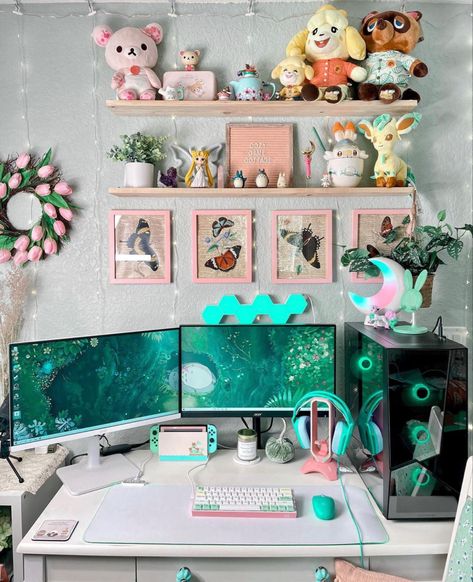 🦋🦋🦋🦋🦋 #cottagecore #mint #pink #acnh #buildabear #nintendoswitch #floral #plants #green #cozy Cozy Setup, Feminine Home Offices, Gamer Room Decor, Desk Inspiration, Plants Green, Bedroom Setup, Anime Room, Gaming Room Setup, Gamer Room