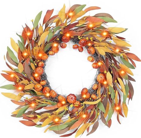 Door Decorations Thanksgiving, Thanksgiving Wreaths For Front Door, Thanksgiving Door Decorations, Fall Ambiance, Thanksgiving Decorations Outdoor, Wreath With Pumpkins, Wreath With Lights, Fall Dining Table, Wire Fairy Lights