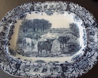 Flow blue tray | Etsy CA Wedgwood Pottery, Farm Scenes, White Platter, Colorful Dishes, Blue Dishes, Blue Cow, Transferware Plate, Antique Stoneware, Wedgwood Blue