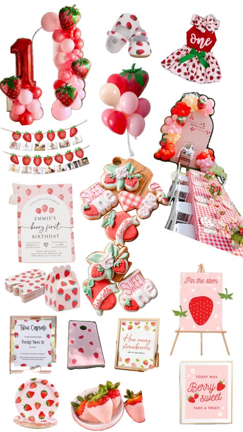 1st Birthday Strawberry theme ideas! From party favors, to decor, do party games. Fun ideas! Strawberry Theme Party, Strawberry Theme, Strawberry Shortcake Party, Fruit Birthday, Baby Birthday Themes, Strawberry Baby, Strawberry Party, Girl Birthday Themes, First Birthday Decorations