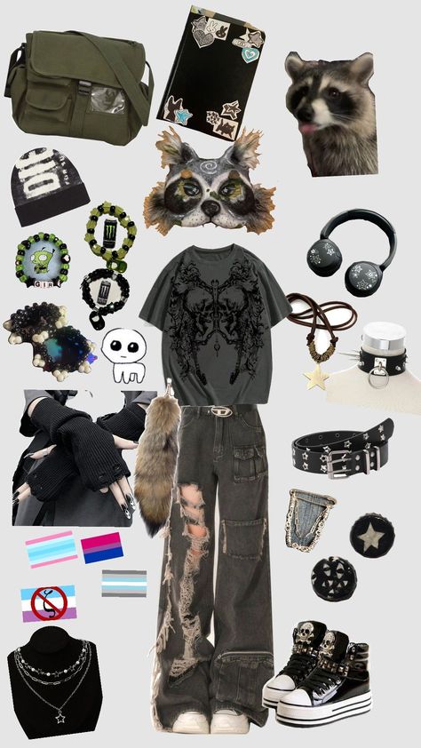 Demigirl Outfit Ideas, Therian Clothing Style, Trans Crafts, Therian Raccoon, Trans Masc Fashion, Trans Outfits Ftm, Trans Kandi, Trans Ftm Outfits, Therian Clothes