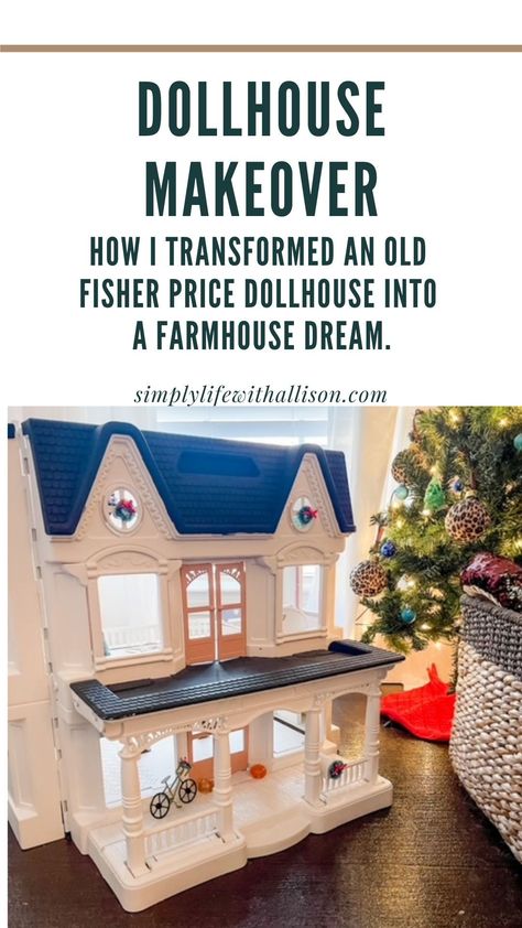 I took an old Fisher Price dollhouse and transformed it by only using paint! This farmhouse transformation was so easy to do! My girls have the most adorable dollhouse to play with now! Fisher Price House Makeover, Barbie House Repaint, Dollhouse Christmas Makeover, Dollhouse To Christmas House, Loving Family Dollhouse Makeover, Plastic Dollhouse Makeover Diy, Dollhouse Organization, Christmas Dollhouse Makeover, Fisher Price Dollhouse Makeover