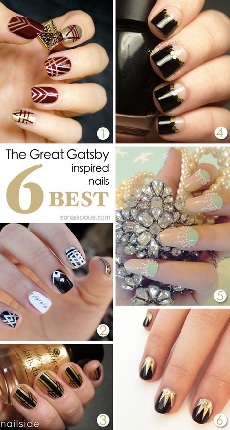 The Great Gatsby inspired nails - TOP 6.  Click for more details. Gatsby Inspired Nails, 1920s Nails, Nail Art Tutorials, Art Deco Nails, Latest Nail Trends, Nail Care Tips, Inspired Nails, Prom Nails, Minimalist Nails