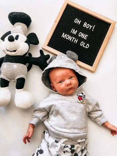 Mickey Mouse Monthly Pictures, 1 Month Boy Photoshoot, Disney Monthly Baby Pictures Boy, Disney Monthly Baby Pictures, Boy 1 Month Photo Ideas, Baby Boy One Month Photo Ideas, 1 Month Photoshoot Ideas For Baby Boy, One Month Baby Picture Ideas Boys, One Month Baby Boy Photoshoot