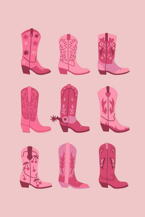 Trendy Cowgirl Boots, Shower Memes, Pink Cowgirl Aesthetic, Cowgirl Illustration, Disco Cowboy, Cowgirl Poster, Valentines Wallpaper Iphone, Pink Cowboy Boots, Collage Pieces