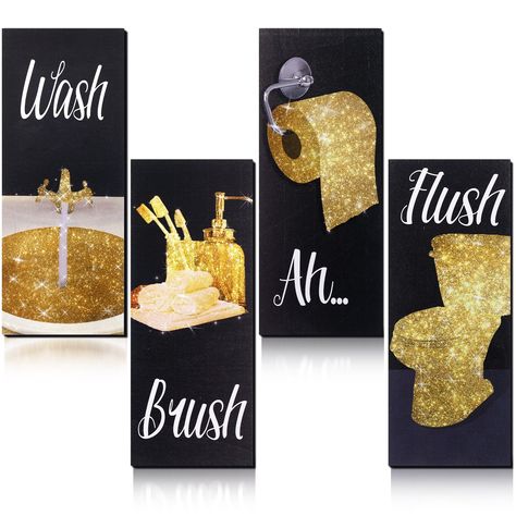 PRICES MAY VARY. Gold Bathroom Decoration: the package content contains 4 pieces of stylish wall art bathroom decors in different styles, beautiful and elegant, sufficient quantity and various patterns can support your daily use and replacement needs, helping you enjoy leisure shower time or bath time Gold Glitter Bathroom Decor: these modern women funny bathroom decors are decorated with gold glitter decor, and printed with letters of [Flush], [Ah], [Brush], [Wash], funny and noticeable; These Bathroom Decor Black Women, King And Queen Bathroom Decor, Female Bathroom Decor, Gold Bathroom Wall Decor, White Glam Bathroom, His And Her Bathroom Ideas Decor, Black White And Gold Bathroom Ideas, Bathroom Wall Art Elegant, Black And Gold Bathroom Decor Ideas