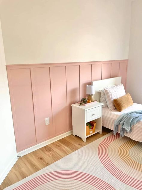 Accent Frame Wall, Pink Room Panelling, Pink Batten Wall, Trim Work On Walls Bedroom, Half Pink Wall Nursery, Pink Waynes Coating, Kids Bedroom Accent Wall Ideas, Pink And White Toddler Bedroom, Toddler Girl Bedroom Wall Decor