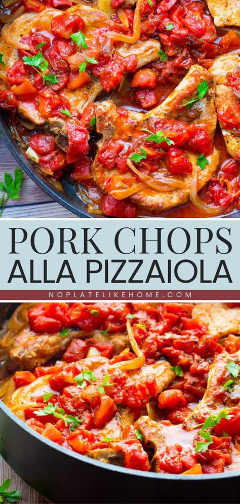 Try this pork chops pizzaiola recipe! 6 ingredients are all you need to have this family dinner idea ready in just 30 minutes. Cooked in a chunky tomato sauce, these Italian-style pork chops are so flavorful. This easy one-pan meal is also low-carb! Pork Chops With Pasta Recipes, Pork Chops Tomatoes, Pork Chop With Sauce Recipes, Italian Pork Recipes For Dinner, Mediterranean Diet Pork Chop Recipes, Pork Orzo Recipes, Pork Chops With Pasta, Mediterranean Diet Pork Chops, Pork Chop Pizzaiola