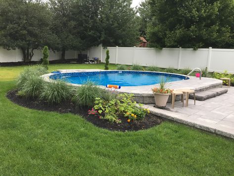 Buried Above Ground Pool Ideas, Round Inground Pool Ideas, Round Semi Inground Pool Ideas, Semi Inground Pool Ideas Backyards, Half In Ground Pool Ideas, Oval Semi Inground Pool, Buried Above Ground Pool, Partial Inground Pool Ideas, Semi In Ground Pool