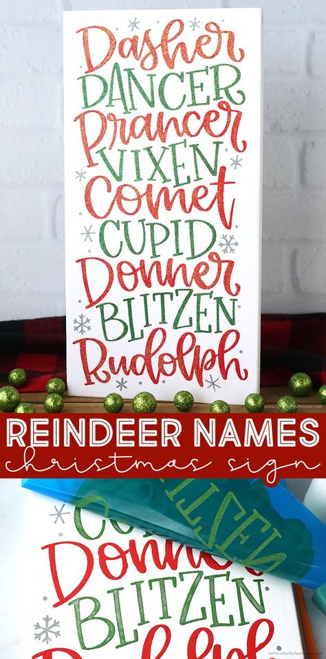 Santa's Reindeer Names Sign #christmas #christmasdecor #diychristmas #diychristmasdecor #christmascrafts #ikonart #ikonartstencils #silkscreen #reindeer #reindeernames #diysigns Reindeer Names, Santa's Reindeer, Glitter Paint, Santa And Reindeer, Bottle Painting, Name Design, Celebrate Christmas, Red Paint, Craft Tutorials