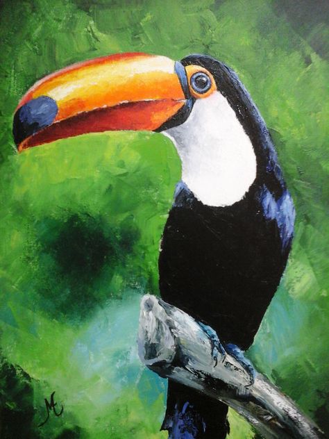 Tucan Acrylic Painting, Oil Pastel Bird Drawing, Tucan Painting, Toucan Painting, Watercolor Negative Painting, Parrot Drawing, Animal Paintings Acrylic, Sunset Canvas Painting, Oil Pastel Colours