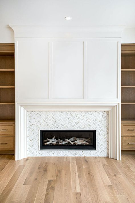 Exposed Brick Fireplaces, Marble Herringbone Tile, Fireplace Tile Surround, Linear Fireplace, Hearth Room, Fireplace Surround, Calacatta Marble, Modern Fireplace, Fireplace Tile