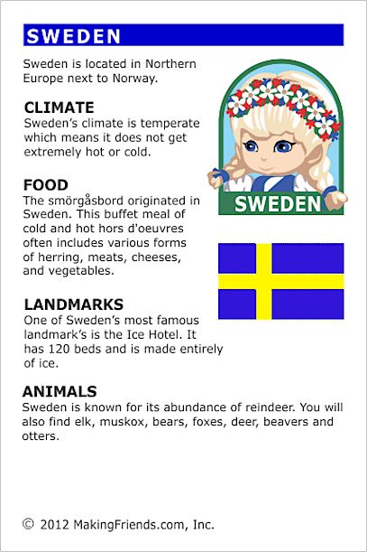 MakingFriends Facts about Sweden Printable Thinking Day fact card for our passports. Perfect if you chose Sweden for your Girl Scout Thinking Day or International Night celebration. Facts About Sweden, Around The World Theme, Learn Swedish, Swedish Language, Country Studies, Teaching Geography, Homeschool Geography, Country Facts, World Thinking Day