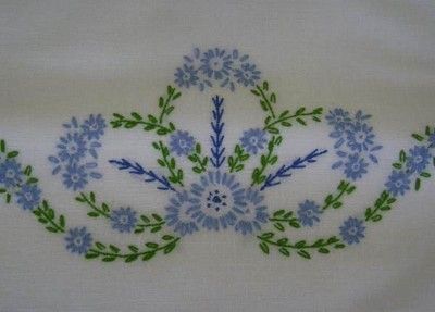 Vtg Pure Linen Blue Floral Hand Embroidery Pillowcases (04/29/2010) Hand Work Embroidery Bedsheets, Hand Embroidery Designs For Bedsheets, Blue Hand Embroidery, Embroidery Pillowcases, Floral Hand Embroidery, Vintage Embroidery Transfers, Gingham Embroidery, Advanced Embroidery, Embroidery Leaf