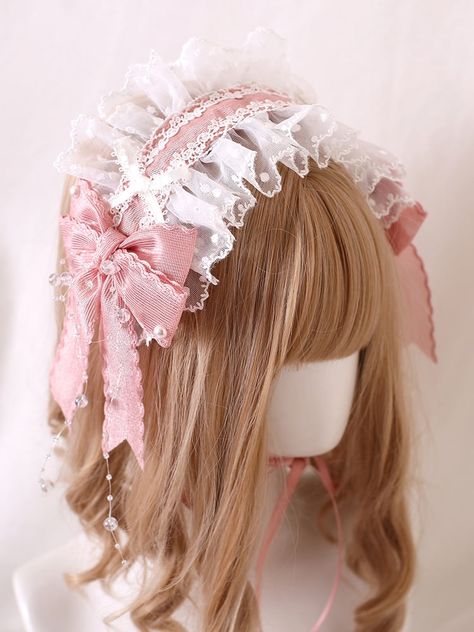 Elevate your kawaii look with our bead details pink bowknots sweet lace hairband. This adorable hair accessory features delicate lace, charming pink bowknots, and intricate bead details. It's the perfect addition to any Lolita or Kawaii outfit, adding a touch of sweetness to your ensemble.  Please note that this product includes only one hairband. Pastel Pink Accessories, Candy Hair Accessories, Princess Hair Accessories, Kawaii Accessories Hair, Kawaii Accessories Jewelry, Pink Headband Outfit, Cute Hair Accessories Aesthetic, Hairstyles Kawaii, Pelo Aesthetic