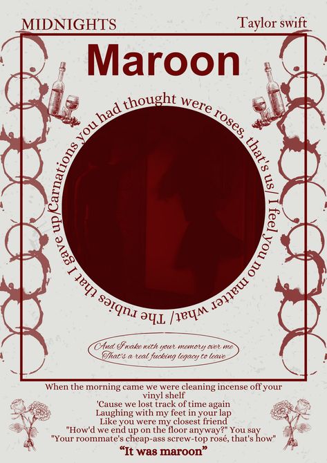 Maroon. Poster. Midnights. Taylor Swift #midnights#maroon#taylorswift#taylornation Maroon Poster, Midnights Tracklist, Swiftie Poster, Maroon Taylor Swift, Taylor Swift Maroon, Maroon Taylor, Taylor Swift Song Posters, Midnight Quotes, So Scarlet It Was Maroon