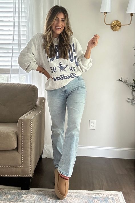 NFL crewneck sweatshirt. Wearing a small and TTS in jeans. Follow my shop @laurenhornstyle on the @shop.LTK app to shop this post and get my exclusive app-only content! #liketkit #LTKsalealert #LTKGiftGuide #LTKstyletip @shop.ltk https://liketk.it/4jaQW Dallas Cowboys Game Day Outfit Women, Dallas Cowboys Game Day Outfit Winter, Nfl Game Outfit Woman, Dallas Cowboys Outfits Woman, Nfl Game Day Outfit Woman, Nfl Game Day Outfit, Cowboys Outfits, Dallas Cowboys Outfits, Dallas Cowboys Game