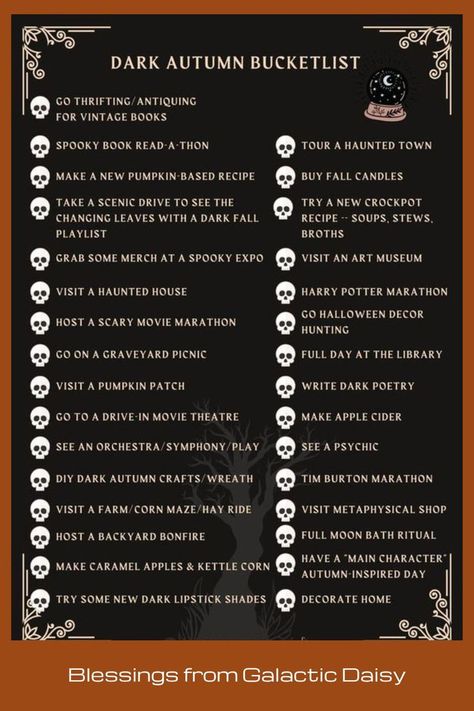 This is a great bucket list of items to consider as Fall continues. Places to go to, sights to see, fun to be had, and experiences to be had. 30 Bucket List, Halloween Bucket List, Read A Thon, Fall Playlist, Drive In Movie Theater, Bucket List Ideas, Fall Mood Board, Fun Fall Activities, Fall Bucket List