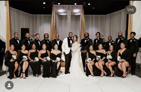 All Black Wedding Black People, Black Tie Wedding Bridal Party, Gold And Black Wedding Party, All Black Wedding Guest Attire Pictures, Black Tie Wedding Black People, Black And White Wedding Black People, Black Wedding Groomsmen, All Black Wedding Party Attire, Black Bridal Party Attire