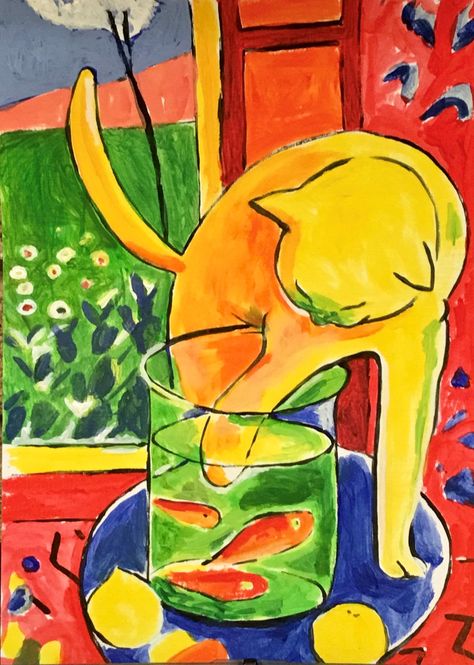 After Matisse. Cat after goldfish by Linda Wilson The Goldfish Matisse, Cat Cute Art, Matisse Goldfish, Matisse Cat, Dot Drawings, Art Classes For Adults, Dreamy Apartment, Crayon Drawing, Dotted Drawings