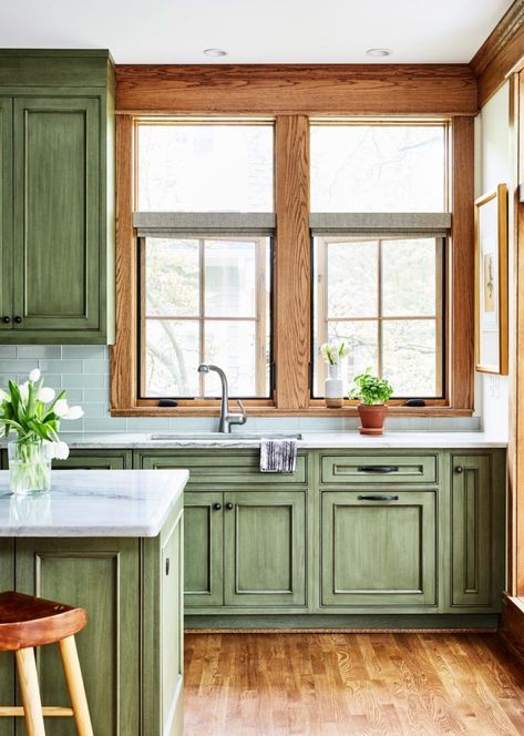 Stained Kitchen Cabinets, Light Floors, Wood Plank Walls, White Tile Backsplash, Craftsman Kitchen, Shaker Kitchen Cabinets, Green Kitchen Cabinets, Gray Kitchen, Green Cabinets