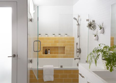 Photo 16 of 23 in Before & After: An Eichler Swaps a Chopped-Up Layout for Connected, Colorful Spaces - Dwell Fun Tile, Little Bathroom, Yellow Couch, Serene Bathroom, Terrazzo Floors, Maximalist Style, Seattle Homes, Yellow Tile, Terrazzo Tiles