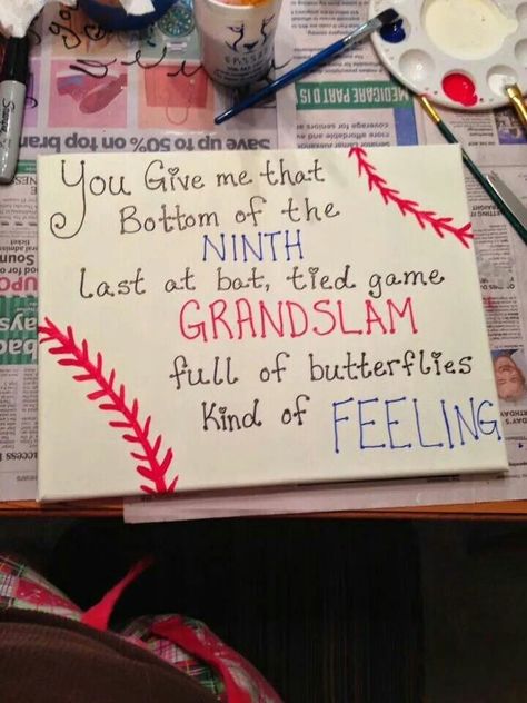 Such cute wording for a baseball #carepackage. Baseball Boyfriend Gifts, Gifts For Boyfriend Long Distance, Baseball Boyfriend, Baseball Canvas, Baseball Girlfriend, Baseball Crafts, Romantic Gifts For Him, Bat Design, Bf Gifts