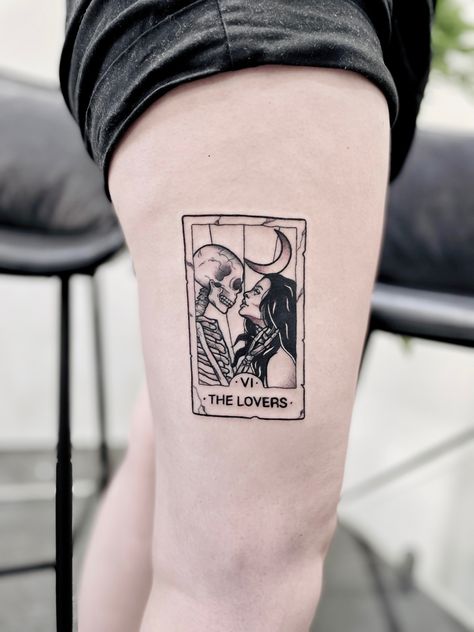 Frame Tattoo Design Square, Tarot Card Tattoo Ideas, Tarot Card Tattoos, The Lovers Tarot Card Tattoo, Five Tattoo, Tarot Card Tattoo Design, Skeleton Couple Tattoo, Lace Thigh Tattoos, Card Tattoos