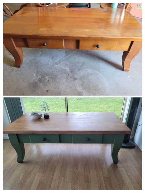 Olive Green Coffee Table, Sage Green Coffee Table, Dark Green Coffee Table, Upcycled Coffee Table Ideas, Two Toned Coffee Table, Upcycle Coffee Table, Coffee Table Flip, Wood Coffee Table Makeover, Refurbished Coffee Tables