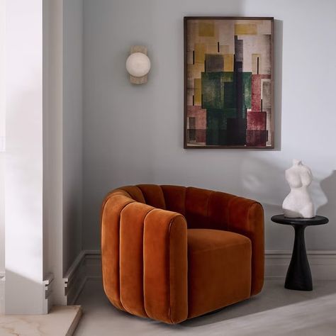 Fitz Channeled Russet Velvet Swivel Chairs Velvet Swivel Chair, Water Vacuum, Modern Swivel Chair, Orange Sofa, Accent Chair Set, Chair Options, Bust Sculpture, Curved Sofa, Velvet Chair