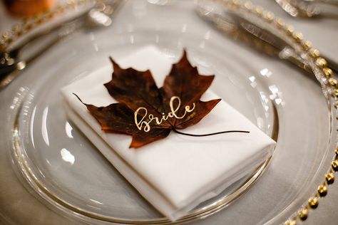 Leaf place names from Lucky Nibs. Photo by About Today Photography. Fall Wedding Place Settings, Fall Leaf Wedding, Autumn Wedding Ideas, Fall Wedding Style, Fall Wedding Tables, Wedding Place Names, Manchester City Centre, Table Name Cards, Wedding Table Names