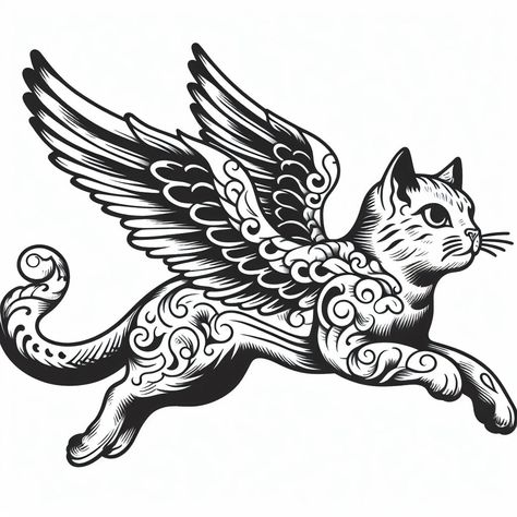 american traditional tattoo of a cat flying, blank white background, outline only, 4K image quality Cat Memorial Tattoo Traditional, Traditional Tattoos Couples, American Traditional Tattoos Black And White Sleeve, Cat American Traditional Tattoo, American Traditional Tattoo Stencil, Traditional Black Cat Tattoo, American Traditional Tattoos Black And White, Cat Tattoo Traditional, American Traditional Cat Tattoo