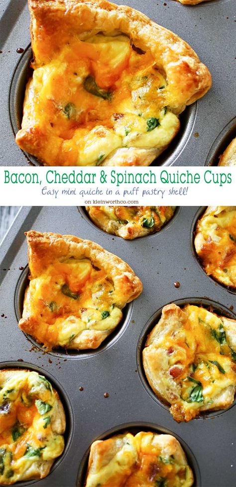 Brunch Recipes With Bacon, Savory Brunch Recipes, Quiche Cups, Savory Brunch, Brunch Appetizers, Fluffy Puff, Breakfast Quiche Recipes, Puff Pastries, Spinach Quiche