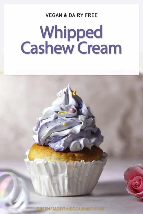 This delicious and healthy whipped cashew cream is made with 3 ingredients, fresh cashews, milk and maple syrup, and whipped so it has a stiffer texture suitable for piping onto a dessert, cocoa or smoothie. Cashew Sweet Cream, Cashew Whipped Cream, Matcha Food, Dairy Free Whipped Topping, Cashew Frosting, Cashew Cream, Vanilla Frosting, Breakfast Snacks, Whipped Topping